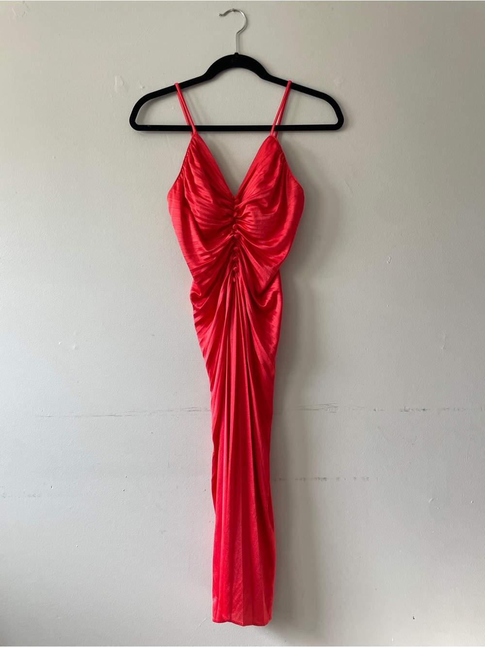 Vtg 70s New Leaf California Red Ruched Goddess Dress Liquid Satin
